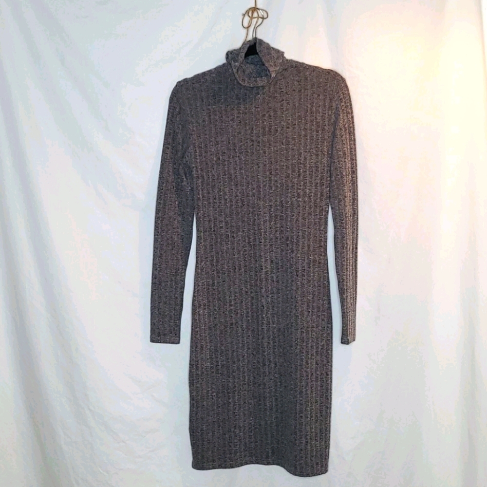 Grey Ribbed Turtleneck Dress